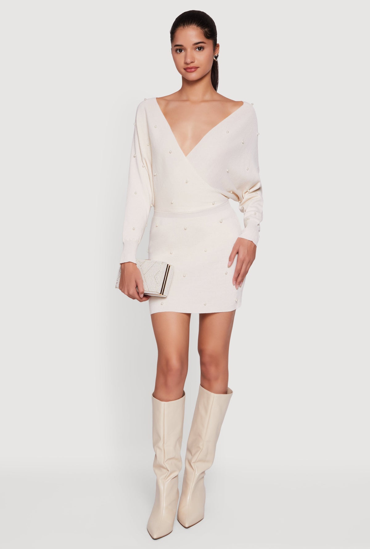 Faux Pearl Studded Faux Wrap Sweater Dress