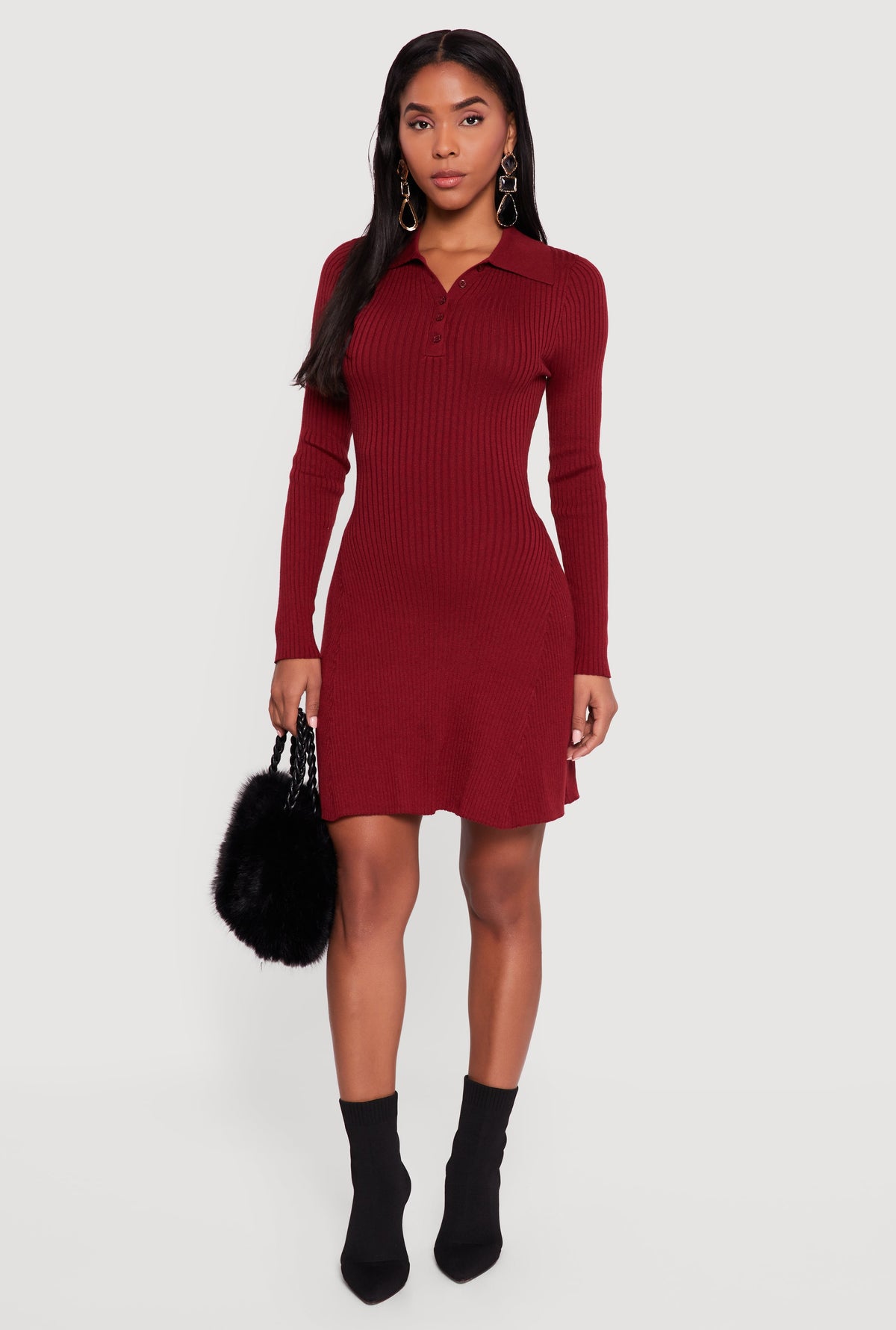 Rib Knit Long Sleeve Polo Sweater Dress
