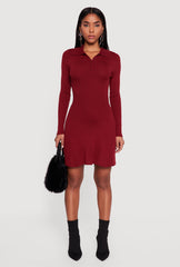Rib Knit Long Sleeve Polo Sweater Dress