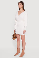 Tie Waist Belted Long Sleeve Faux Wrap Sweater Dress