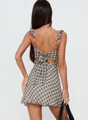 Zayliah Frill Detail Mini Dress Wine Check