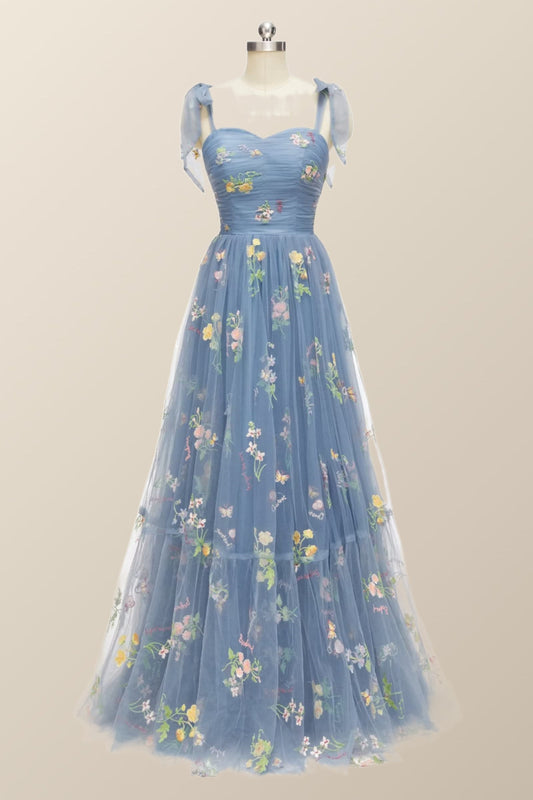 Tie Straps Blue Floral A-line Long Formal Dress