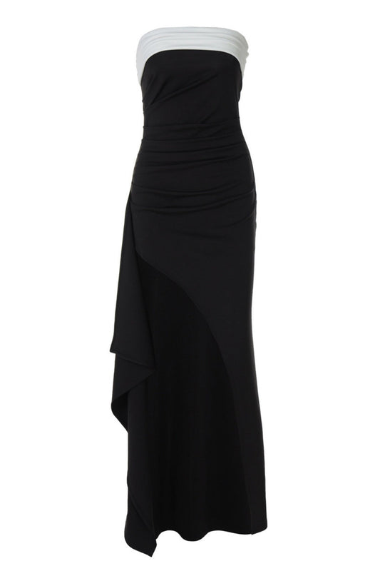 Strapless Black Ruched Frill Long Party Dress
