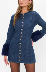 Rockefeller Mini Dress ~ Subzero Indigo with Faux Fur