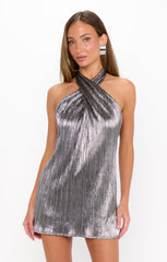 Jasmine Tie Mini Dress ~ Pleated Silver