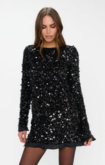 Maddison Ruffle Dress ~ Black Metallic Sequins