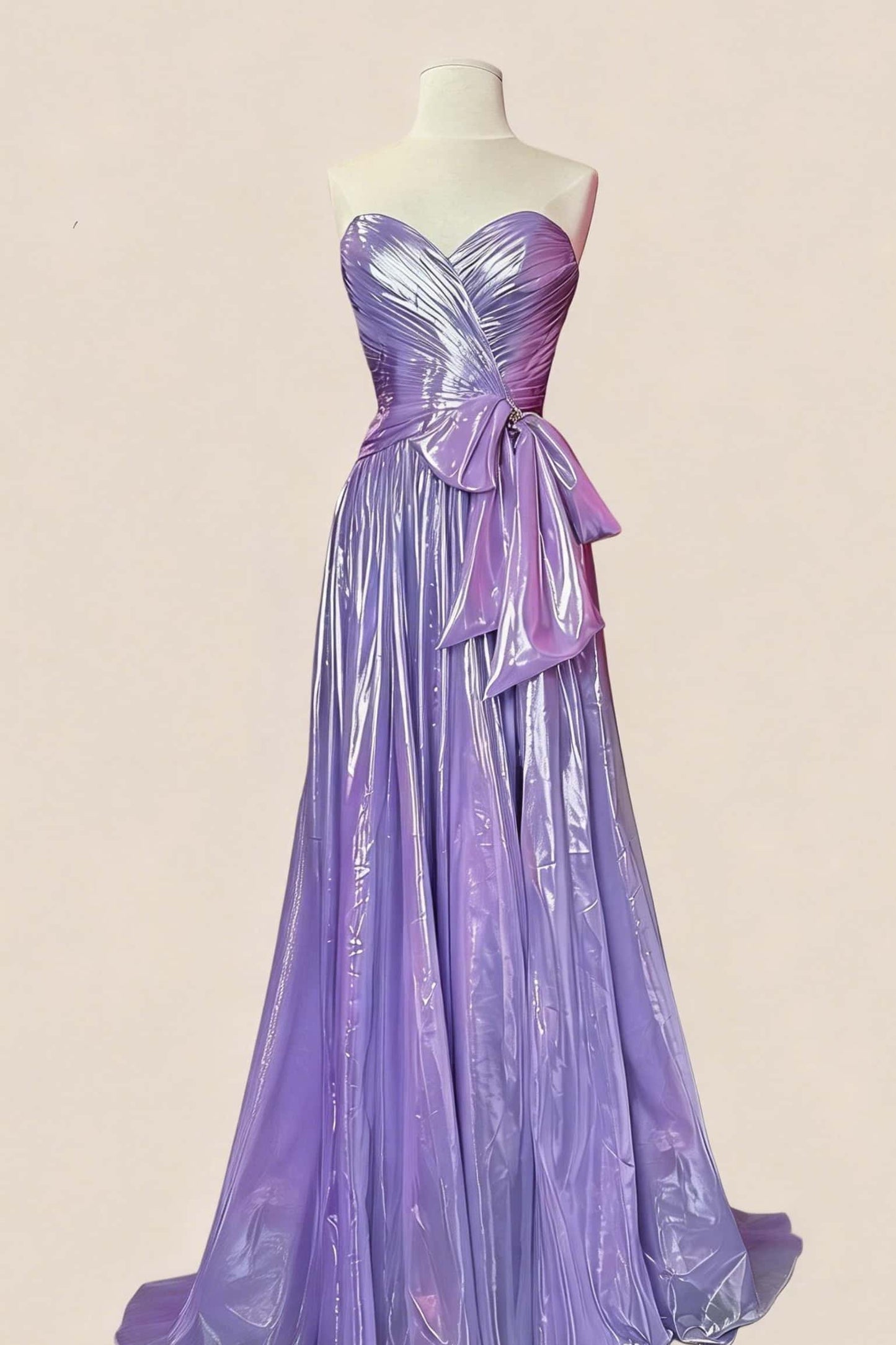 Ruched Purple Metallic A-line Prom Dress