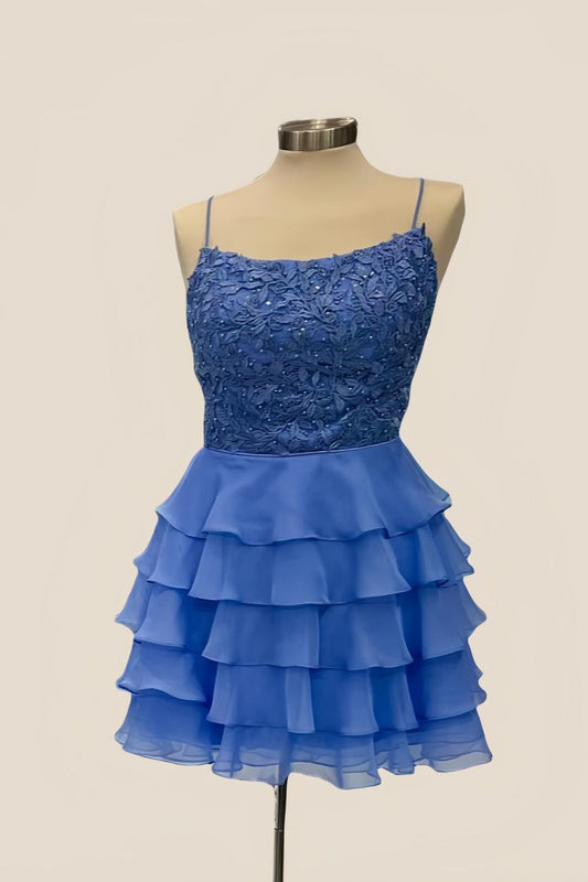 Square Neck Blue Appliques Tiered Short Dress