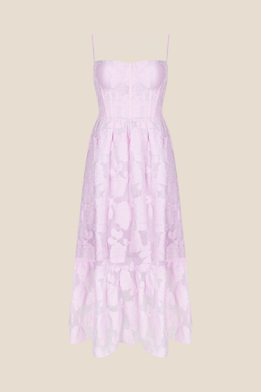 Square Neck Lilac Floral A-line Midi Dress