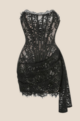 Strapless Black Tight Lace Short Dress with Train