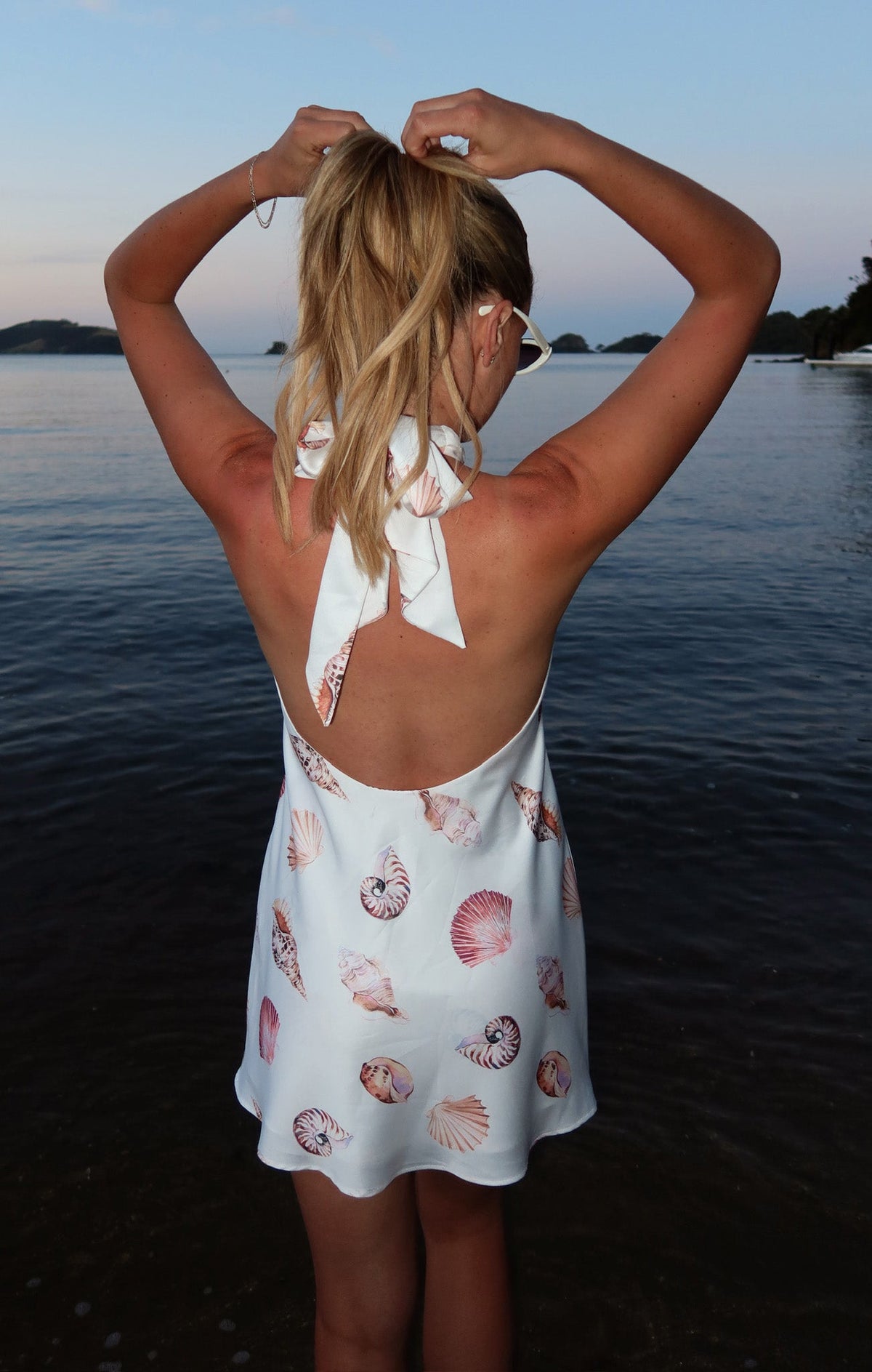 Jasmine Tie Mini Dress ~ White Shell Luxe Satin