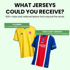 Example mystery football jerseys including Colombia national team and Paris Saint-Germain shirts from Mystery Jerseys.