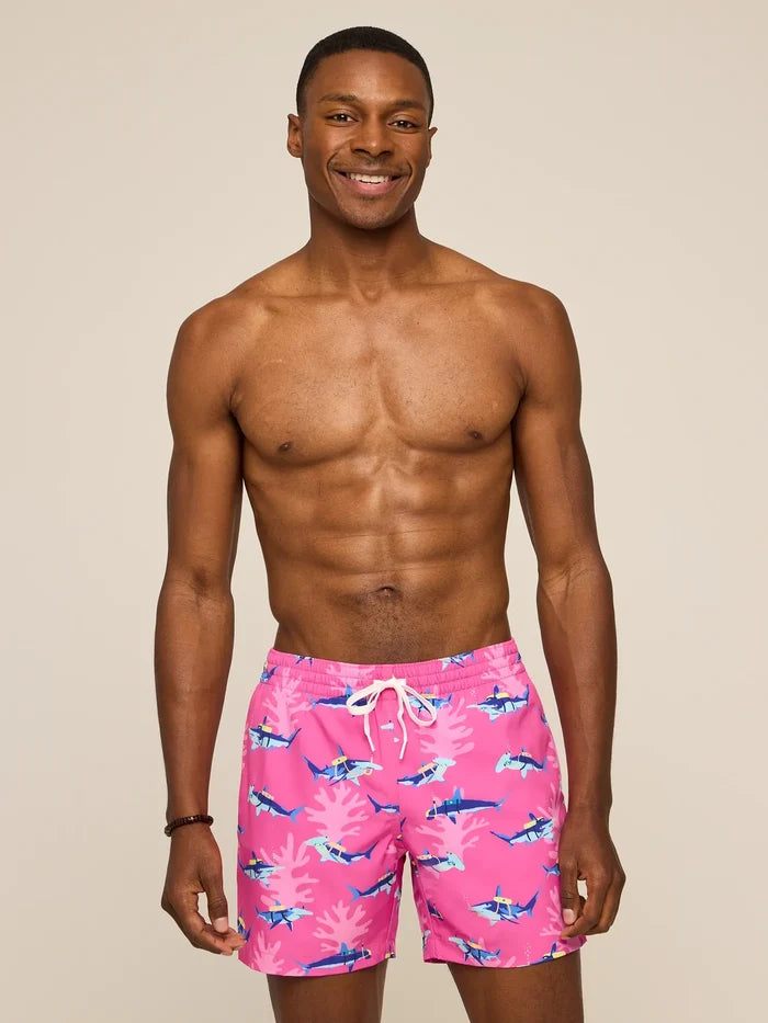 The Great Pink Sharks 5.5" (Classic Swim Trunk) - Image 1 - Chubbies Shorts